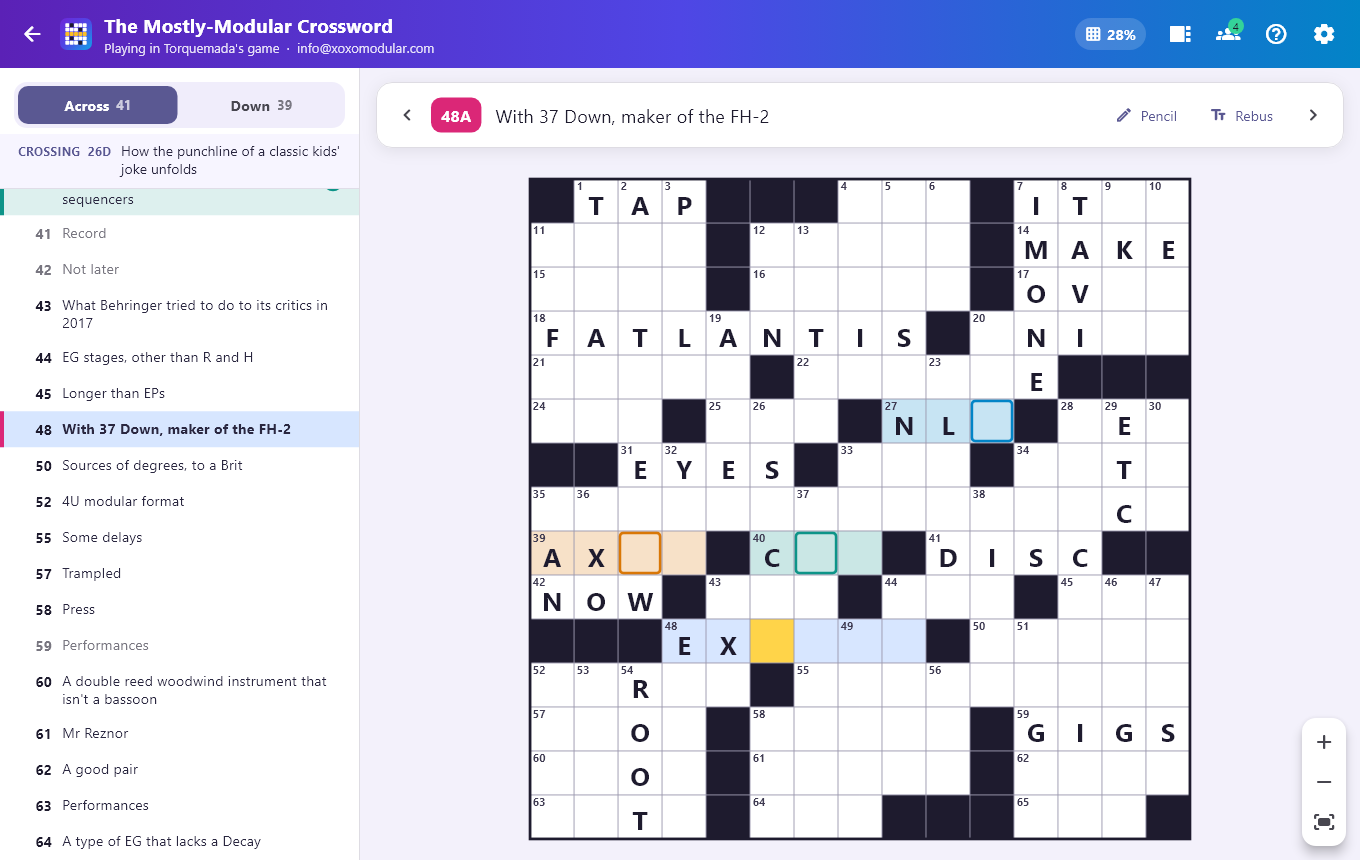 The solver on Windows, with four players: each player's word is tinted in their color, and their clues are marked with their initial.